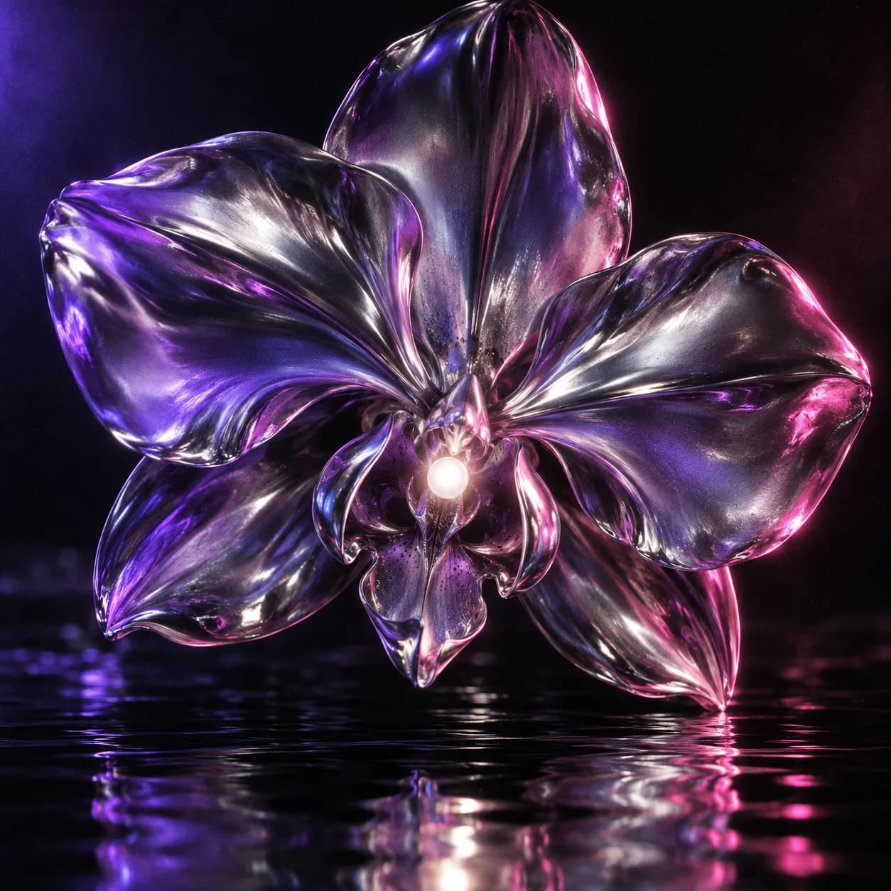 Iridescent chrome flower in violet and pink light, original AI-generated cover artwork